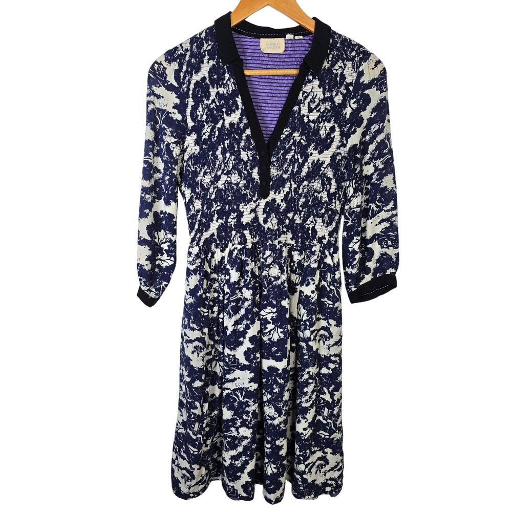 Edme &‎ Esyllte Anthropologie Womens Dress Size 6 Blue White Floral 3/4 Sleeve